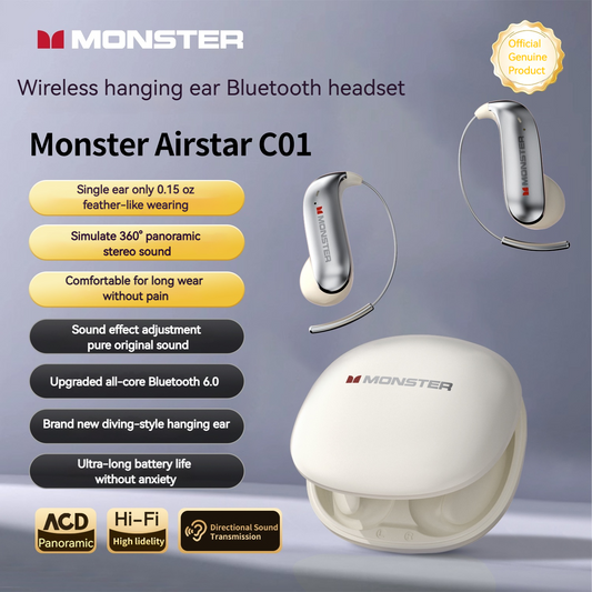 Monster Titanium Air: Bluetooth 6.0 Wireless Earbuds with Zero-Gravity Ear-Hooks | 145H Playtime & Noise Isolation | IPX7 Waterproof